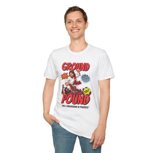 Model wearing Ground and Pound Tee mid-strike pose