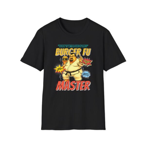 Burger Fu Master Tee in black folded on table
