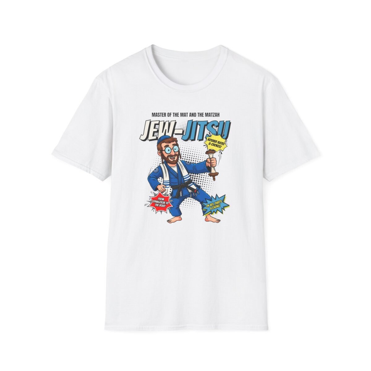 Cartoon Jewish martial artist in gi and black belt holding matzah