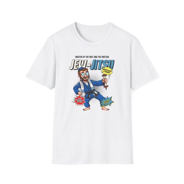 Cartoon Jewish martial artist in gi and black belt holding matzah